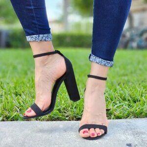 Black Suede Ankle Strap Block Heel Dress‎ Sandals